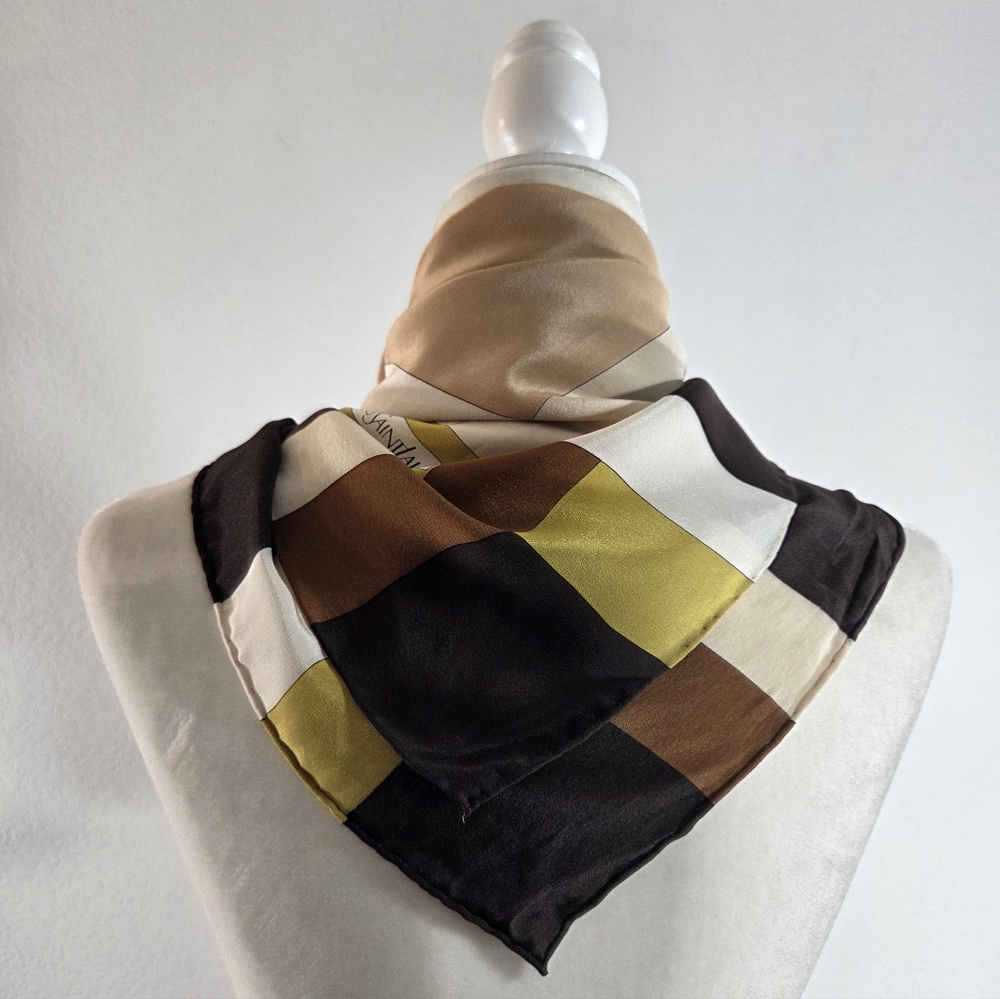Vintage YVES SAINT LAURENT Silk Geometric Neutral Neckerchief Square Scarf - Picture 15 of 15